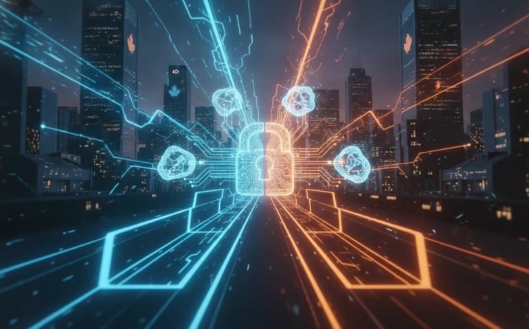 Futuristic Canadian city with a circuit-locked gate redirecting holographic AI data streams, symbolizing restricted model access and a growing AI platform war.
