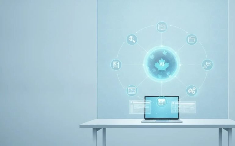 Futuristic Canadian tech workspace with a central holographic AI core and connected workflow icons representing research, coding, collaboration, and automation—no text.