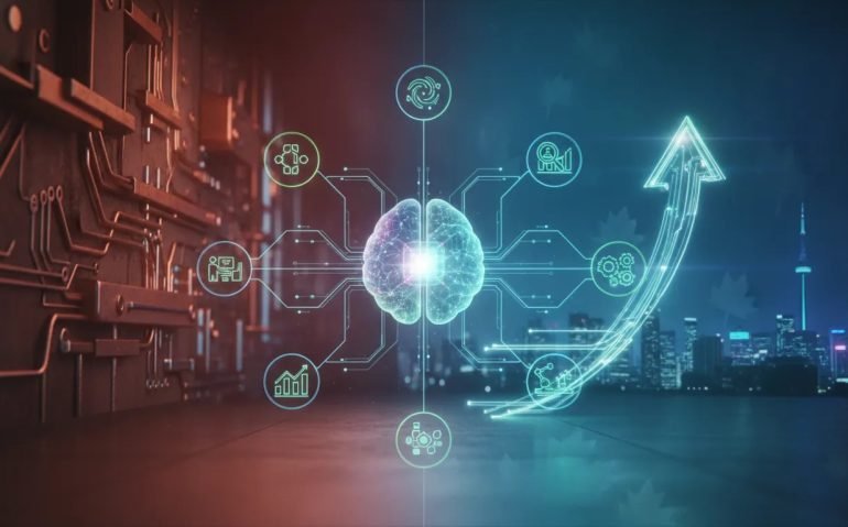 Futuristic Canadian AI concept image showing improved performance and efficiency with abstract holographic model core, data streams, and a streamlined cost-versus-performance visual.