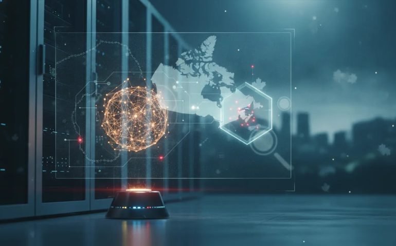 Cinematic Canadian-themed cybersecurity scene showing an AI core and connected network paths inside a protective shield, symbolizing an AI security incident and vulnerability chain detection.