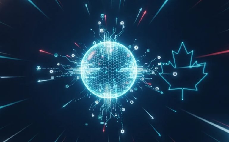 Futuristic AI decision engine with glowing circuits and branching workflow nodes, representing ultra-fast business automation in Canada.