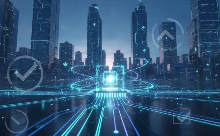 Futuristic Canadian skyline with holographic AI networks and translucent trust layers symbolizing ultrafast, transparent, open-model business technology.