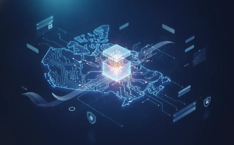 Illustration of Canada-themed open-model enterprise AI breakthrough with connected glowing network nodes, secure governance shield, and circuit-like map geometry—no text.