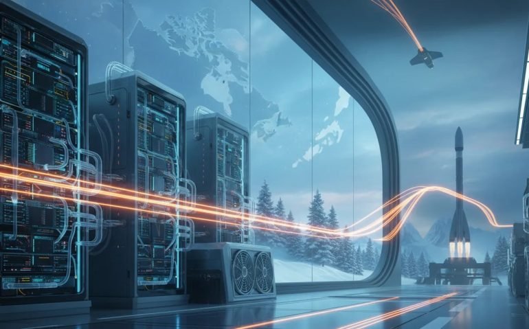 Futuristic Canadian data center connected by glowing data links to a rocket launch scene, symbolizing the AI compute race driven by chips, power, and infrastructure.