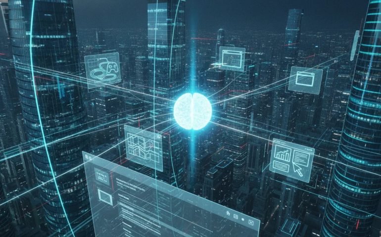 Futuristic Canadian tech city with a glowing AI core linking holographic game, simulation, website, presentation, and document interfaces to suggest rapid end-to-end software creation