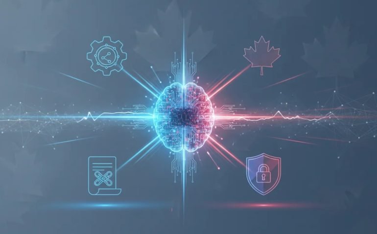 Futuristic wordless illustration of a glowing AI brain/circuit sending flash-like signals across connected enterprise nodes with subtle Canadian motifs, evoking Gemini 3.8 Flash and AI portfolio deployment.