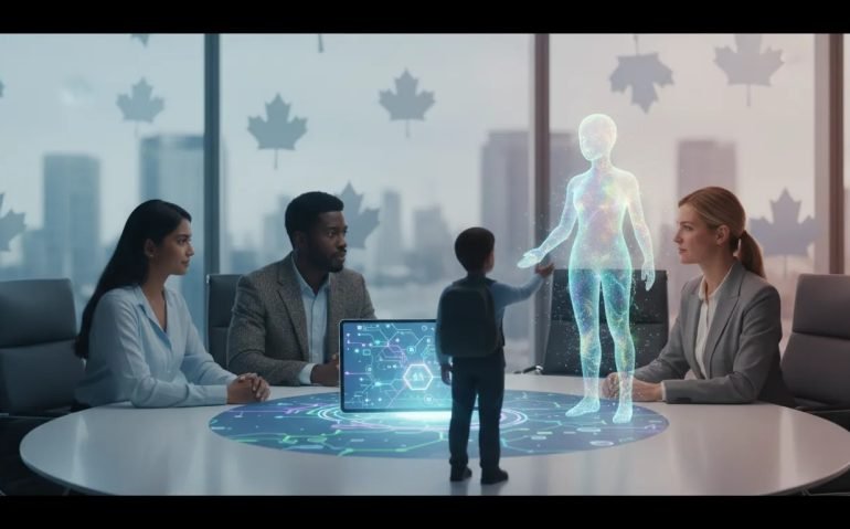 Editorial illustration of Canadian parents, schools, and businesses collaborating to guide a child’s use of AI with balanced concern and responsible technology represented through an abstract holographic network.