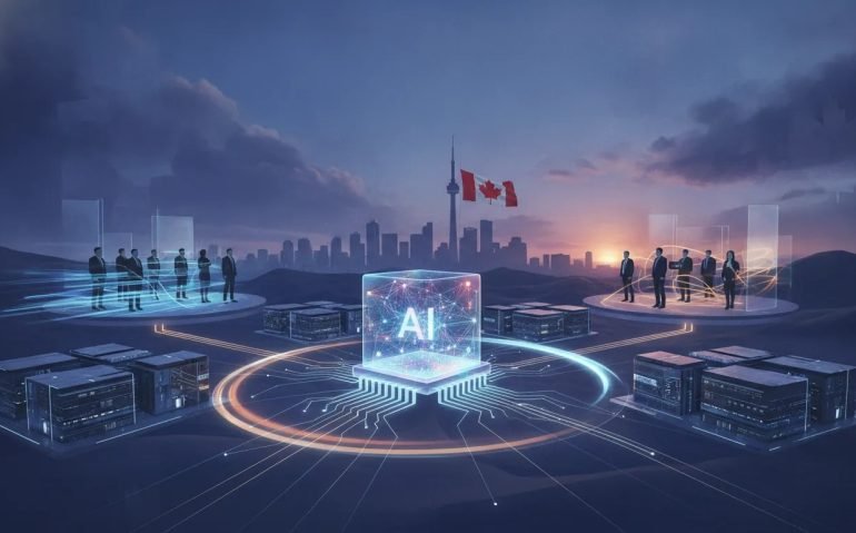 Futuristic Canadian tech scene illustrating AI pacing and oversight: a central neural hologram with slowing motion effects connected to data centers, balanced by safeguarded decision-makers at dusk.