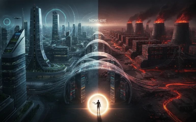 Conceptual illustration showing a divide between access to large-scale AI compute and energy infrastructure, with a bridge of glowing server racks toward a bright future in a Canada-inspired tech setting.