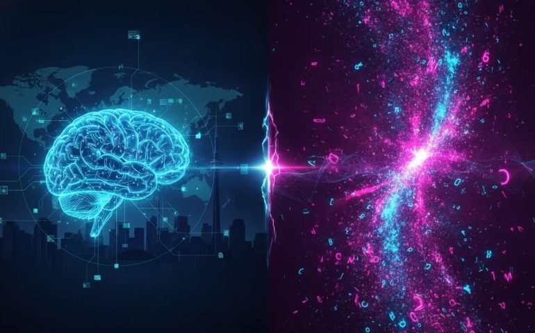 Conceptual image illustrating AI disruption and global technology competition over a futuristic Canadian tech landscape with glowing circuit pathways and a swirling data storm.
