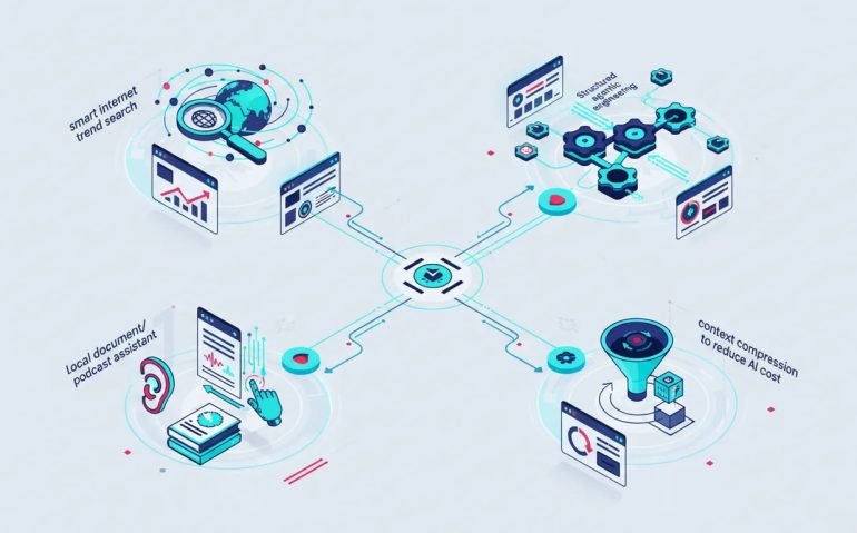 Wordless illustration showing four interconnected open source AI workflow concepts for Canadian tech: trend search, local document and podcast analysis, structured agentic engineering, and context compression to reduce AI costs.