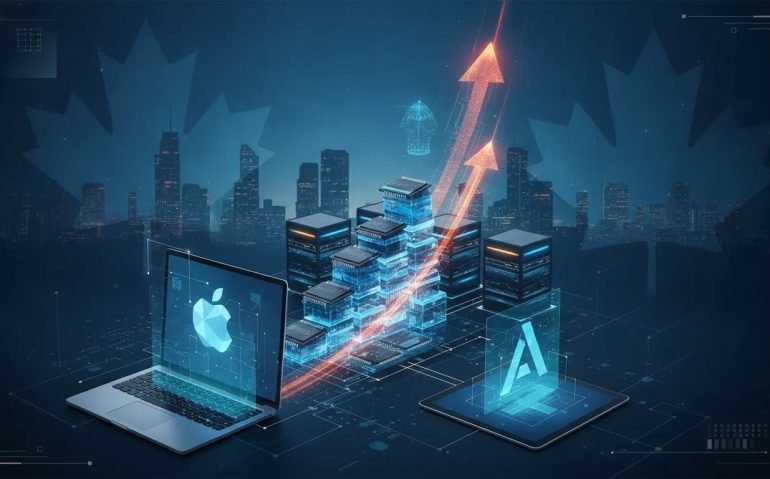 Editorial illustration showing an AI memory crunch with a rising memory-chip hologram above Canadian tech devices and data center infrastructure