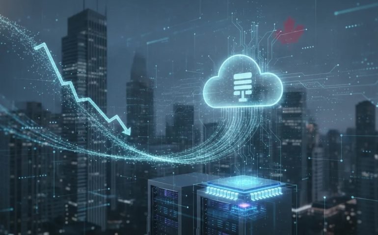 Futuristic Canadian skyline with holographic server racks and flowing AI circuitry symbolizing open-weights model pricing disruption.