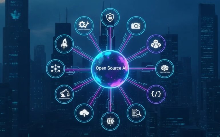 Neon infographic-style illustration of a Canadian tech skyline with a central AI core and 12 glowing interconnected project nodes representing open source categories like development, security, video, voice, code intelligence, and document understanding—no text.