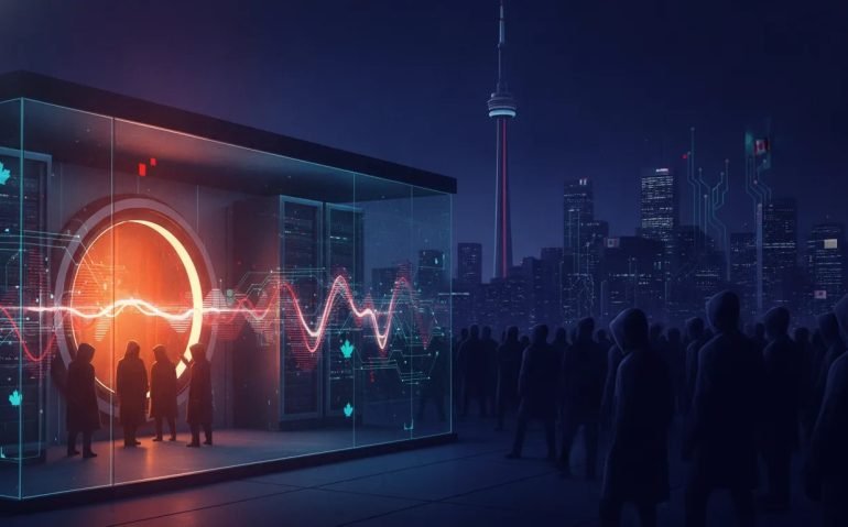 Cinematic Canadian tech scene showing restricted early access to an advanced AI model through glowing holographic barriers and a guarded data center, with a small illuminated group contrasted against a waiting crowd.