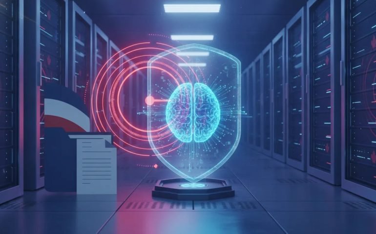 Futuristic Canadian data center with a glowing AI network partially blocked by a translucent government-style barrier and a delay clock motif, symbolizing political control over an AI release
