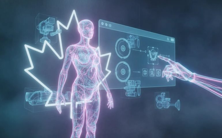 Futuristic Canadian tech concept art illustrating an AI agent controlling browser automation and generating 3D holographic assets, rendered without any text.
