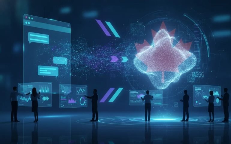 Futuristic illustration of organizational knowledge flowing into a persistent AI coworker within a modern Canadian tech environment, inspired by a Slack-style interaction.
