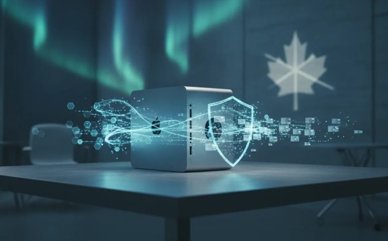 Photorealistic tech image showing a desktop Mac mini/Mac Studio as an always-on local AI intelligence hub with glowing agent-like data processing and a privacy shield motif, no text.