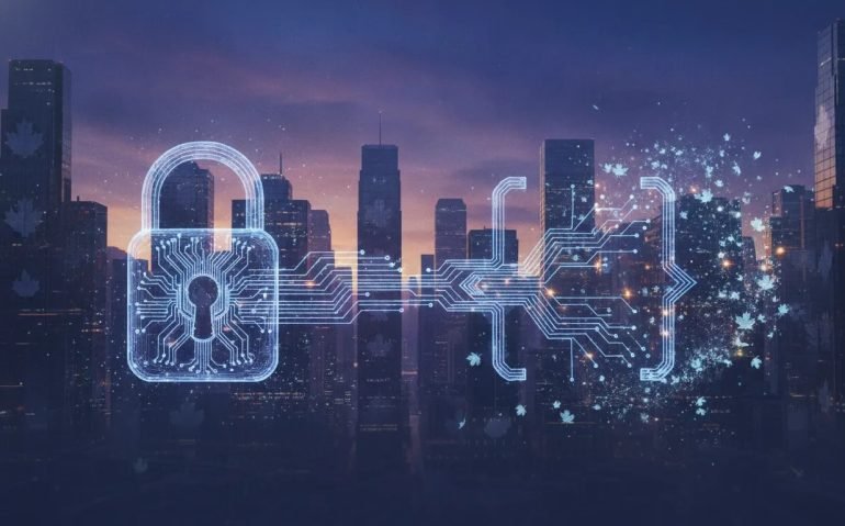 Futuristic Canadian skyline with a holographic open vs closed AI network symbolizing the open-source AI revolution.