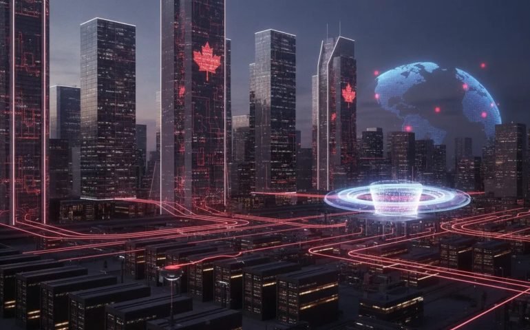 Canadian tech concept image showing open-source AI with a holographic neural-network model connecting data centers and futuristic circuitry in a dusk city skyline