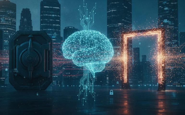 Cinematic illustration of Canada’s tech landscape facing an open-source AI shift, showing distributed neural networks and a contrast between sealed proprietary control and open access—no text.
