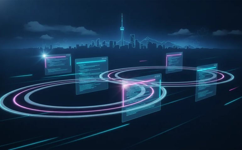 Futuristic illustration of looping software optimization around UI windows over a Canadian tech skyline, symbolizing fast, repeated performance testing without any text.