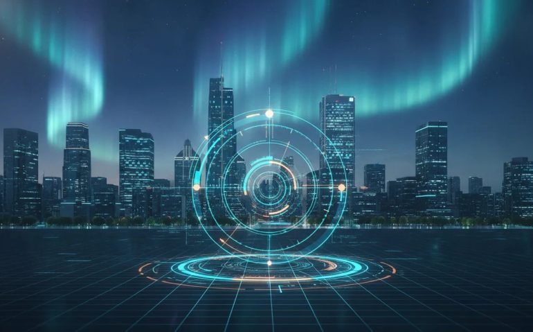 Futuristic Canadian city with an illuminated recursive AI loop of interconnected nodes, symbolizing recursive self-improvement and an AI inflection point.