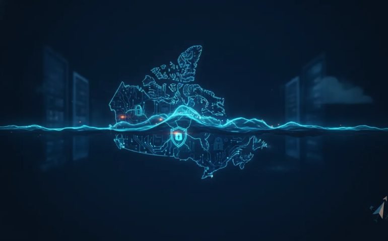 Cinematic wordless illustration showing a glowing circuitry map of Canada with a security shield and shockwave motif representing a new AI access and security era.