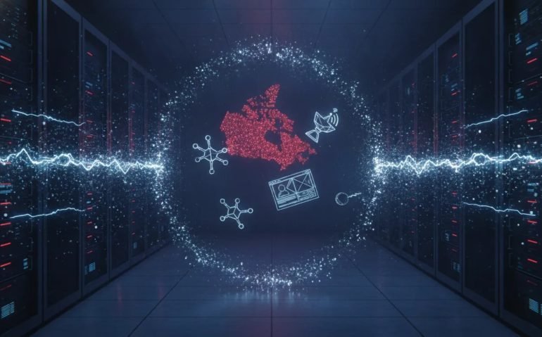 Cinematic futuristic server room where glowing AI data streams abruptly cut off, forming a shockwave and particle Canada map to symbolize sudden cross-border AI access disruption.