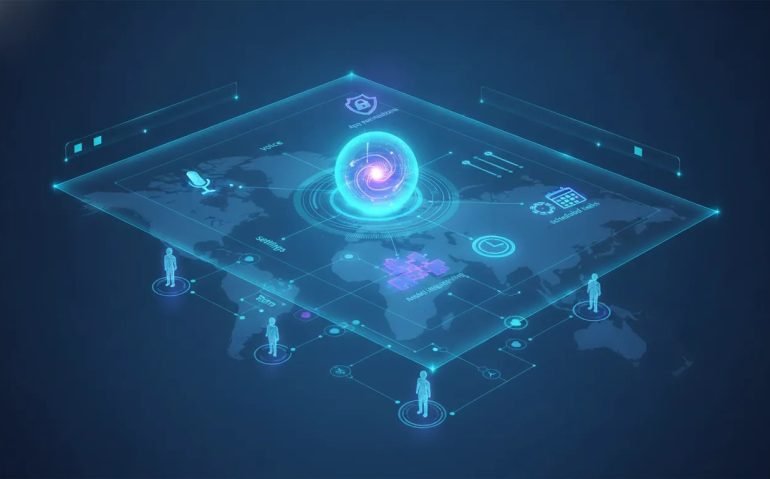 Futuristic holographic illustration showing AI software updates with glowing interface panels, voice and permission icons, model packaging workflow nodes, and enterprise automation network—no text.