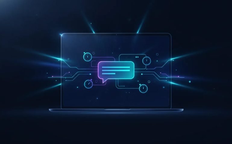 Futuristic illustration of an always-on AI assistant inside a chat interface with glowing scheduled automation timers and connecting light trails, no text.