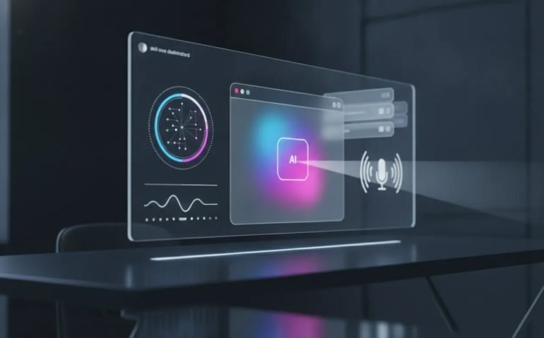 Futuristic illustration of a glowing AI hologram with browser, automation, skill recording, and voice-wave elements symbolizing new ChatGPT updates