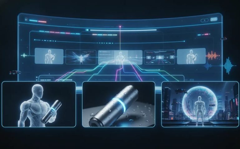 Cinematic AI video workflow illustration showing consistent character and product across longer AI-generated scenes with abstract audio-reactive visuals
