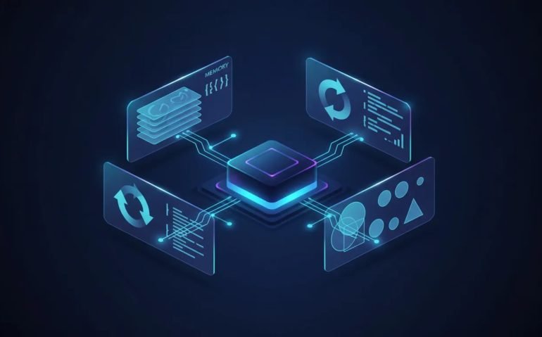 Futuristic AI network illustration representing an update with memory layers, automation flows, and coding and design functions, with glowing nodes and no text.