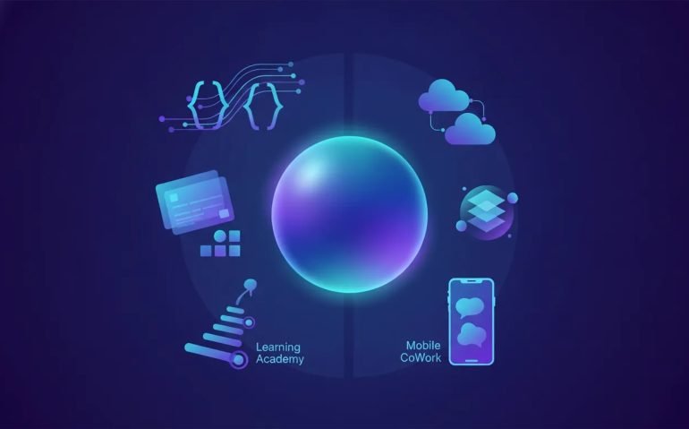 Futuristic illustration of an AI core surrounded by visual symbols for code, design, cloud connectors, memory management, learning, and mobile work—no text.