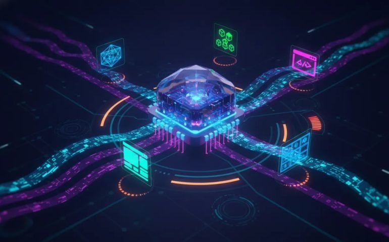 Futuristic AI core with holographic capabilities and visual hints of cost, speed trade-offs, and usage limits—no text.