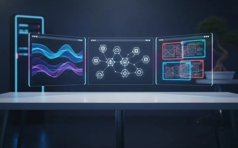 Futuristic AI interface illustrating live data dashboards, reusable design components, and prototype presentation cards with no text