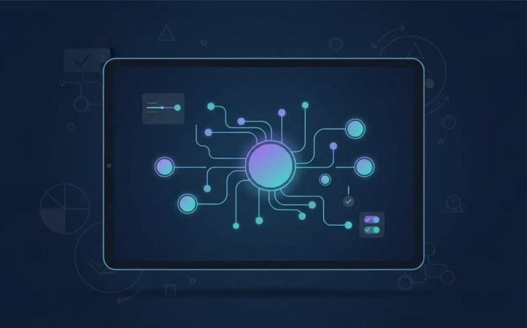 Illustration of an AI research workflow upgrade showing a customizable mind map on a device screen with connected nodes and user control elements, no text.
