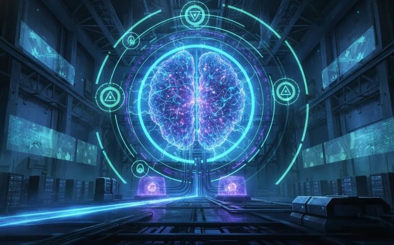 Sci‑fi visual of a massive glowing AI neural network core symbolizing constrained but powerful DeepSeek V4-style engineering, with long context light trails and limited computing hardware.