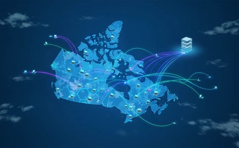 Illustration of a distributed peer-to-peer AI network across Canada, connecting home and office computers with glowing nodes and links, contrasted with a minimal data center icon in the background.
