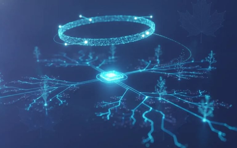 Futuristic illustration showing AI recursive self-improvement: a glowing core running branching simulations while a higher-level system selects the next best research path, rendered in clean blue and purple holographic tones.