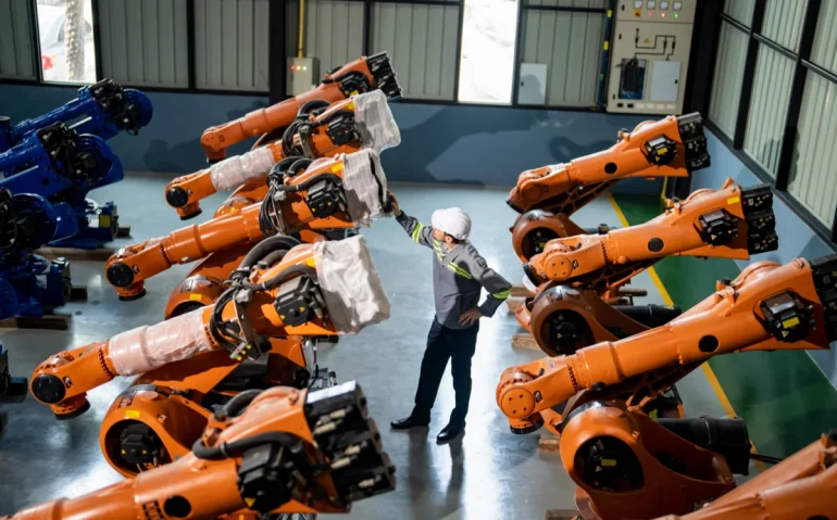 engineer-inspecting-automatic-ai-robot