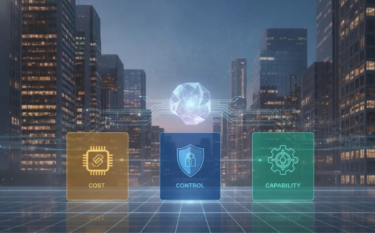 Illustration showing enterprise AI focus on cost control and capability with color-coded holographic icons connected to an abstract AI core