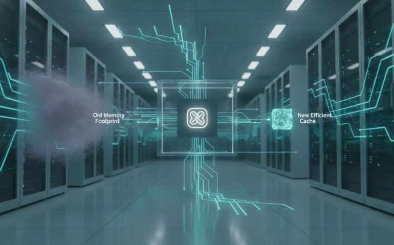 Futuristic data center with holographic AI networks showing a dramatically reduced memory cache footprint and faster enterprise model performance, with no text or logos.
