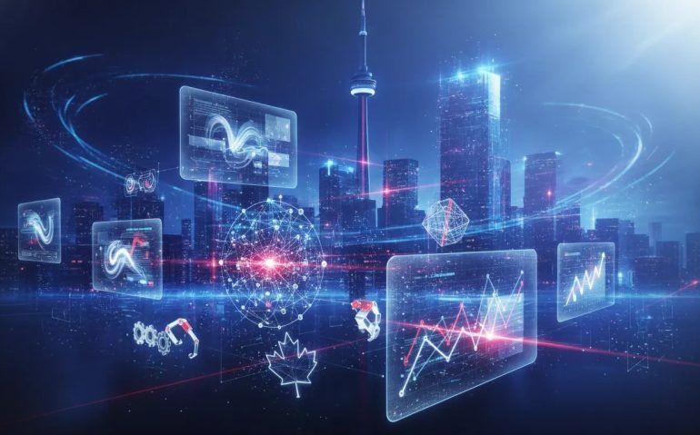 Cinematic holographic Toronto skyline with glowing AI network, multimodal world-model icons, and swirling data light trails illustrating a major AI breakthrough week for Canadian business.