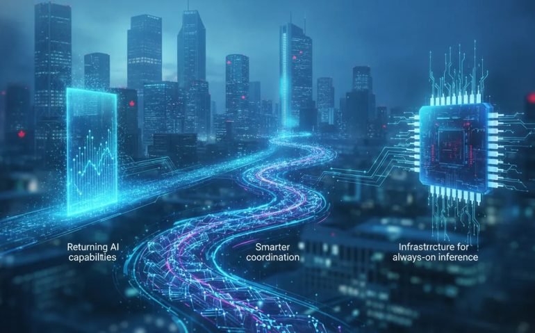 Futuristic editorial illustration showing interconnected AI access, orchestration networks, and a custom inference chip symbolizing the next wave of always-on intelligence.