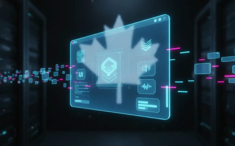 Glowing holographic AI interface rapidly assembling modular software components, representing fast browser prototyping with game logic, UI, sound, and progression systems.
