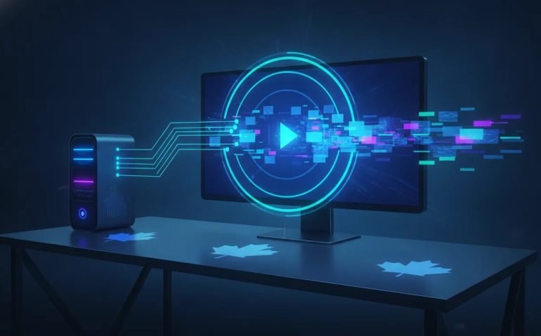 Futuristic Canadian tech workstation with local AI compute nodes streaming glowing video frames into a smooth high-speed output, representing LTX 2.5 in ComfyUI