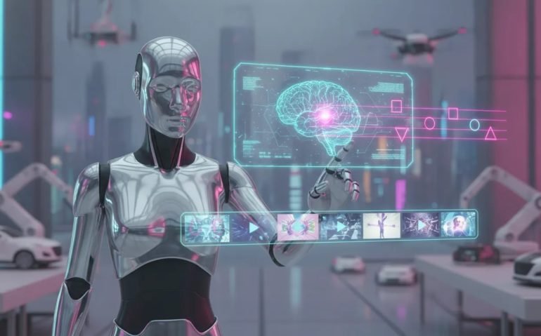 Cinematic futuristic scene featuring a humanoid companion robot and glowing holographic AI elements representing mind reading, video editing, and robotics, with no text.